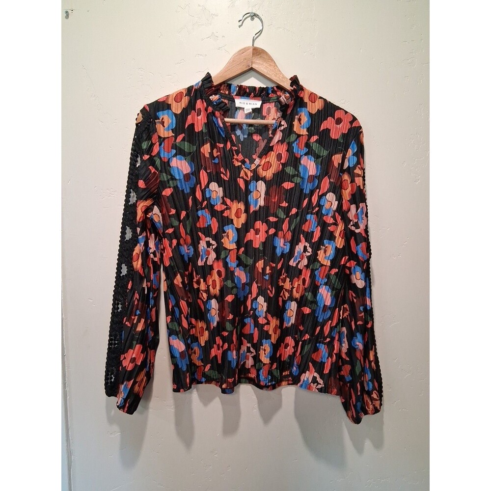 Rio & Rian Wmns Sz M Bright Multi Color Floral Pleat Long Sleeve Crochet Inset